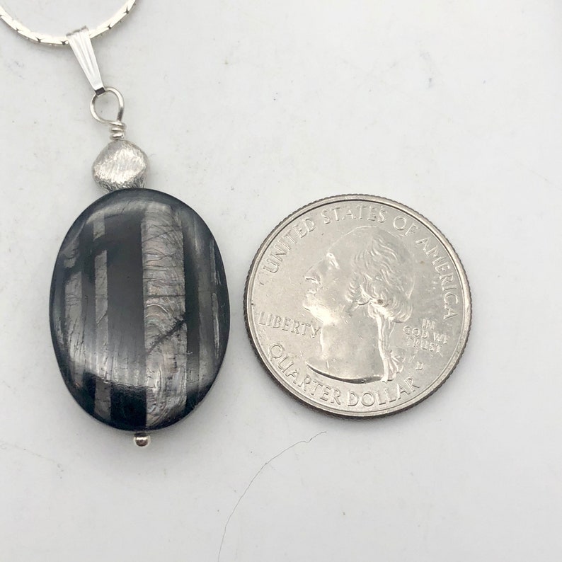 Silver-black Oval 1 34 inch long Hypersthene Sterling Silver Pendant