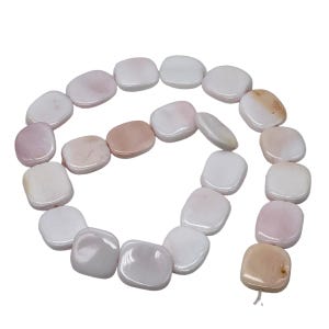 May include: A strand of square, polished beads in shades of white, pink, and peach. The beads are strung together, showcasing a variety of colors and natural variations. The beads are smooth and have a glossy finish, perfect for jewelry making.