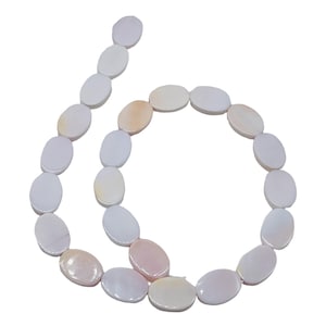 May include: A strand of oval-shaped beads in shades of white, cream, and pale pink. The beads are strung together, creating a flowing, curved line. The beads have a smooth, polished surface, reflecting light.