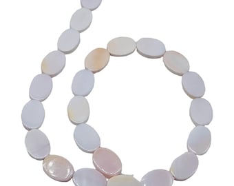 May include: A string of oval beads in shades of white, cream, and pale pink. The beads are strung together, forming a flowing, curved line. The beads have a smooth, polished surface, reflecting light.