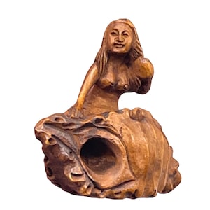 Hand Carved Boxwood Mermaid & Nautilus Ojime/Netsuke Bead | 28x25.5x13mm | Brown