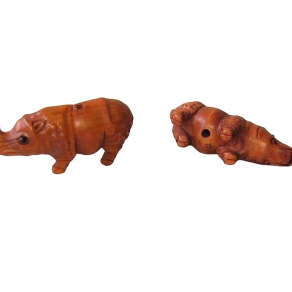 Carved & Signed Boxwood Rhinoceros Ojime/Netsuke Bead | 34x16x12.5mm | Brown