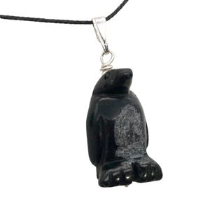 Obsidian Penguin Pendant Necklace | Semi Precious Stone Jewelry | Silver Pendant