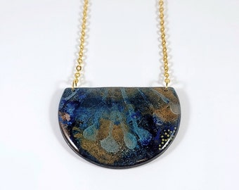 Polymer Clay Necklace, Statement Necklace, Handmade Pendant, Modern pendant, Blue Gold Pendant