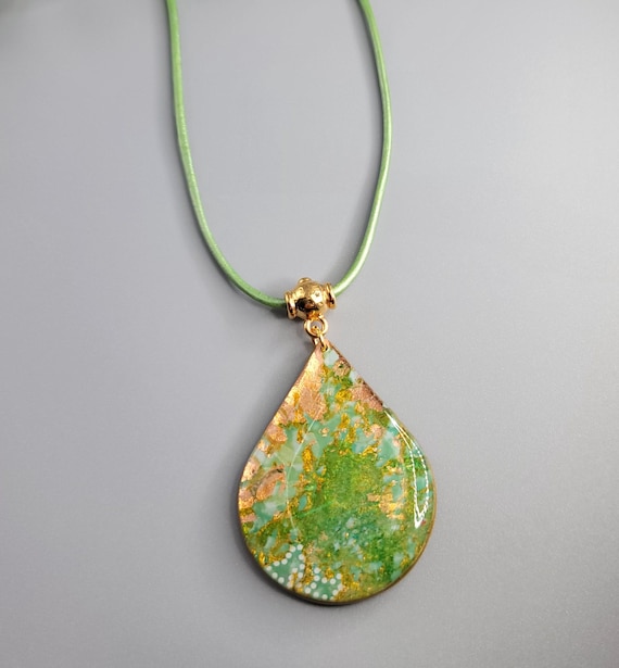 Handmade Polymer Clay Pendant Necklace: Metallic Green Leather Cord
