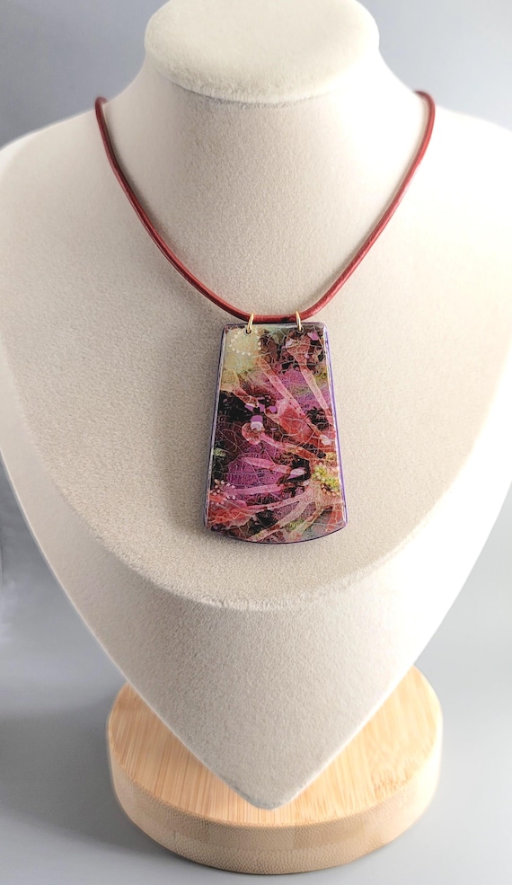Handmade Polymer Clay Statement Pendant: Pink, Leather Cord