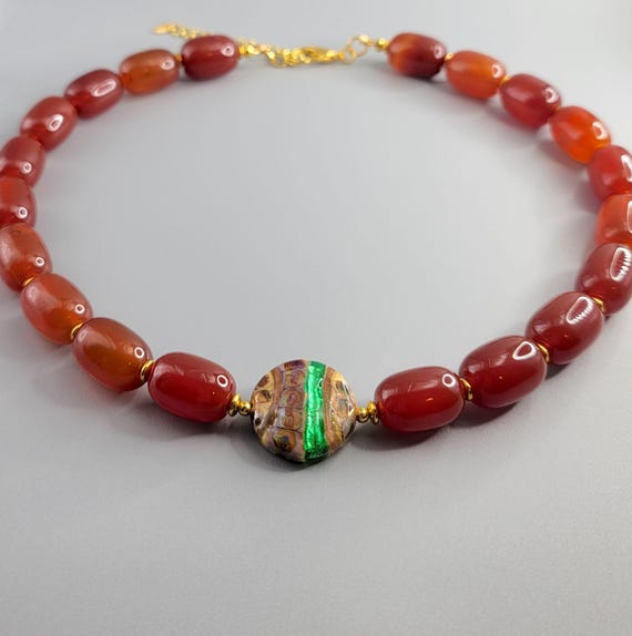 Red Agate Beaded Necklace: Lampwork Focal Bead