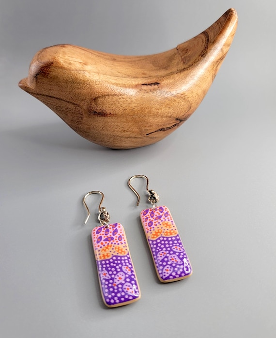 Handmade Polymer Clay Rectangle Earrings: Tibetan Silver