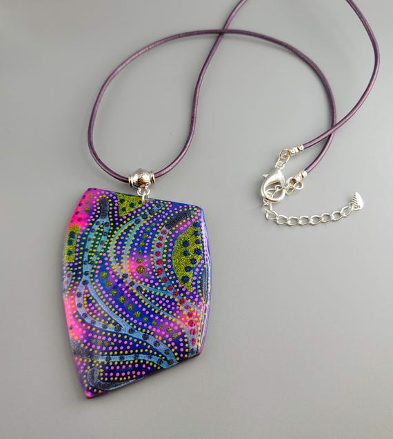 Hand-Painted Polymer Clay Pendant: Leather Cord Necklace