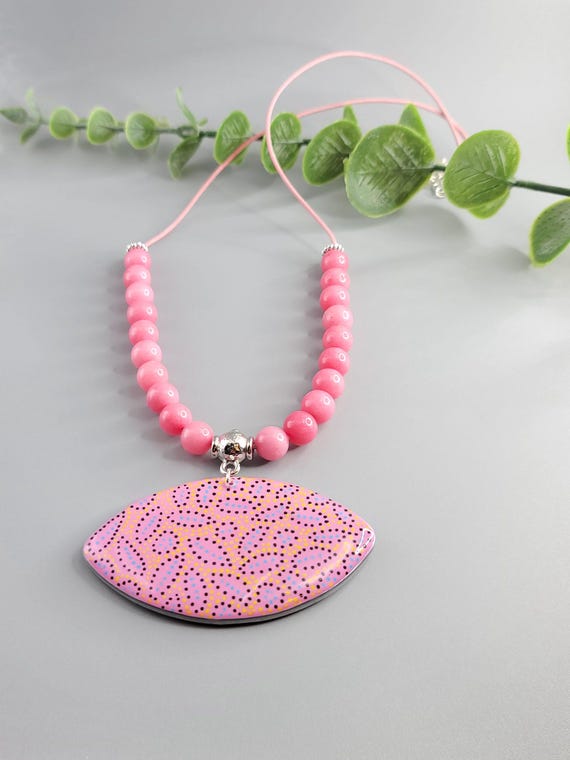 Handmade Polymer Clay Statement Pendant: Light Pink, Leather Cord