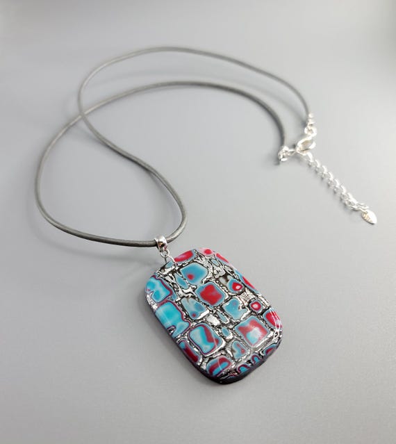 Polymer Clay Pendant Necklace: Mokume Gane, Leather Cord
