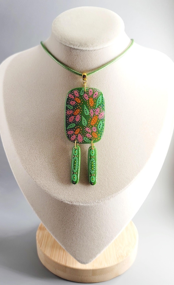 Handmade Green Polymer Clay Pendant: Leather Cord