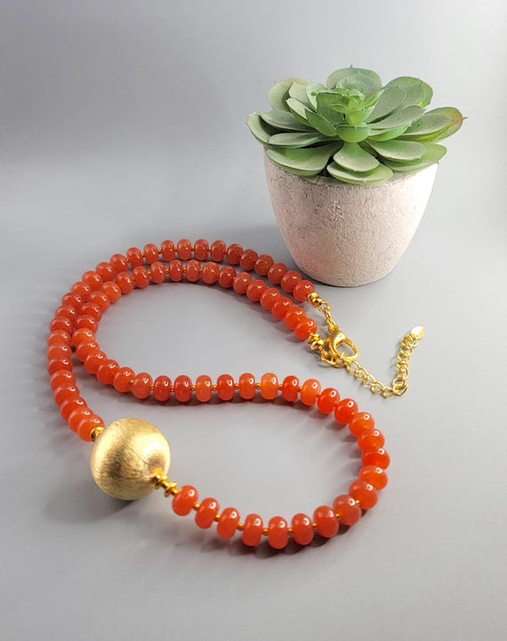 Orange Dyed Jade Rondelle: Brushed Round Gold Focal Bead