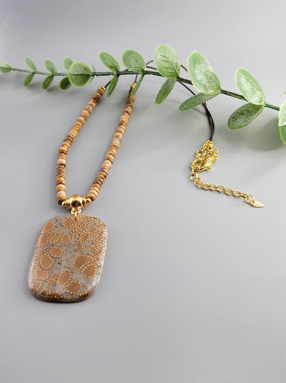 Polymer Clay Pendant Necklace: Hand painted, Leather Cord, Brown Natural Stone