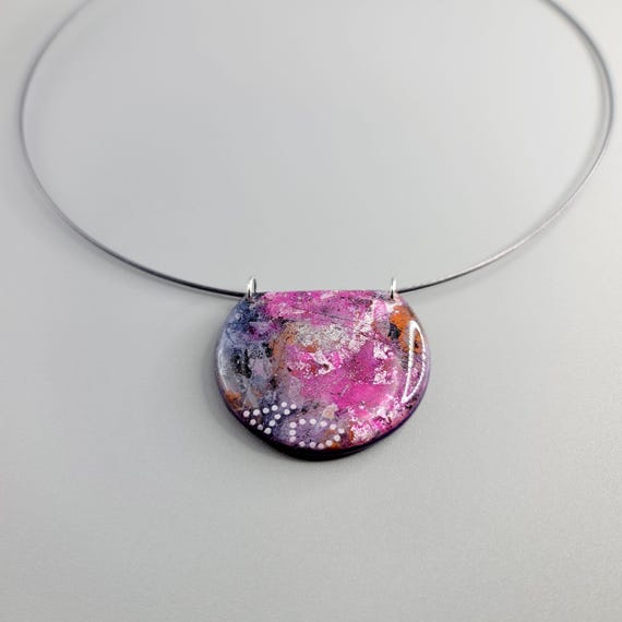 Purple Polymer Clay Pendant Necklace: Handmade Modern Jewelry
