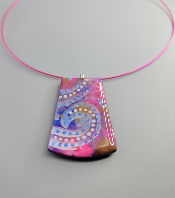 Alcohol Ink Polymer Clay Pendant Necklace: Hand Painted, Stainless steel necklace cord