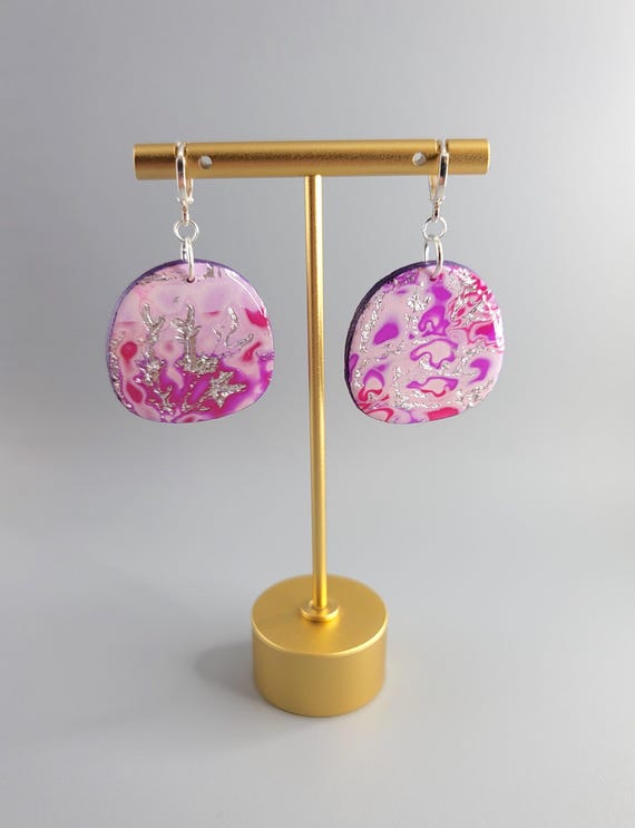 Handmade Polymer Clay Oval Earrings: Mokume Gane Design