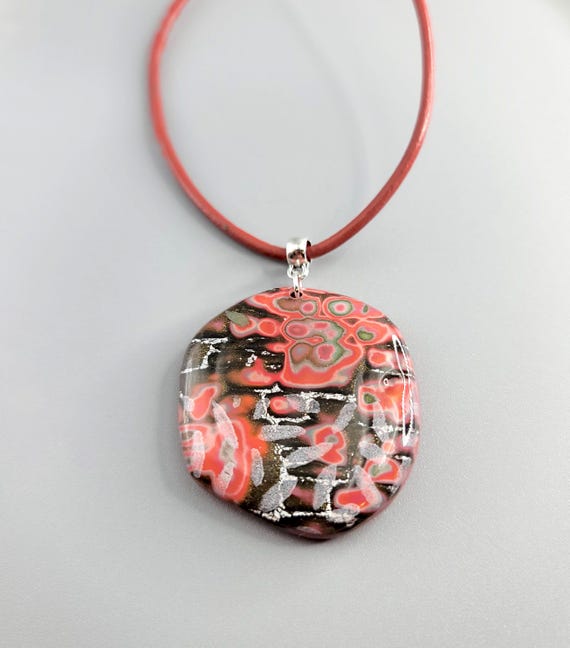 Polymer Clay Pendant Necklace: Mokume Gane, Leather Cord