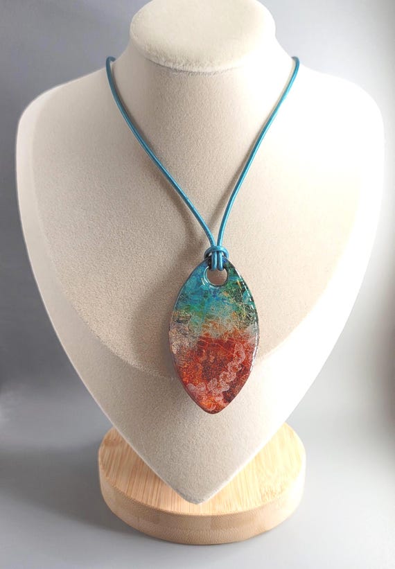 Handmade Polymer Clay Statement Pendant: Abstract Design, Leather Cord
