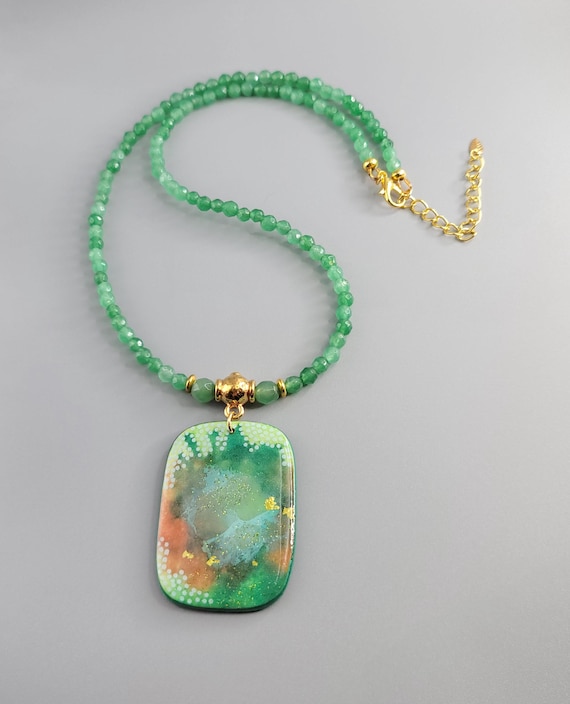 Alcohol Ink Polymer Clay Pendant Necklace: Green Gemstone