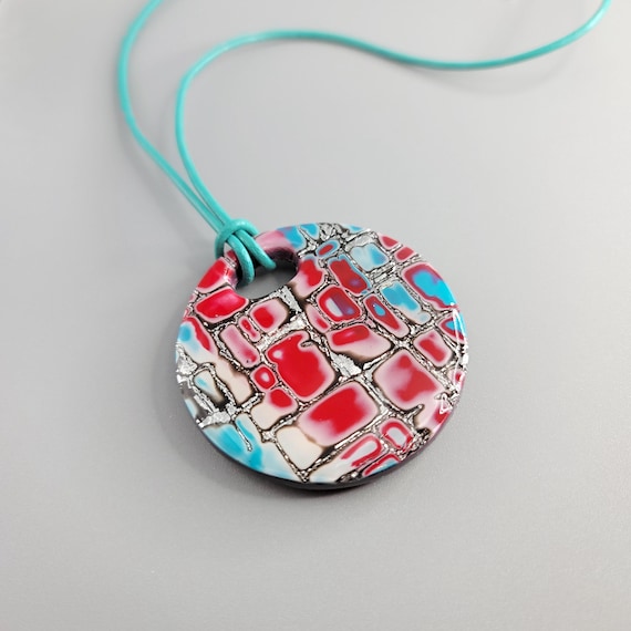 Polymer Clay Pendant: Mokume Gane, Leather Cord