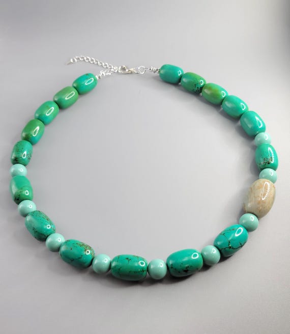 Green Turquoise Gemstone Necklace: Fire Agate Focal Bead