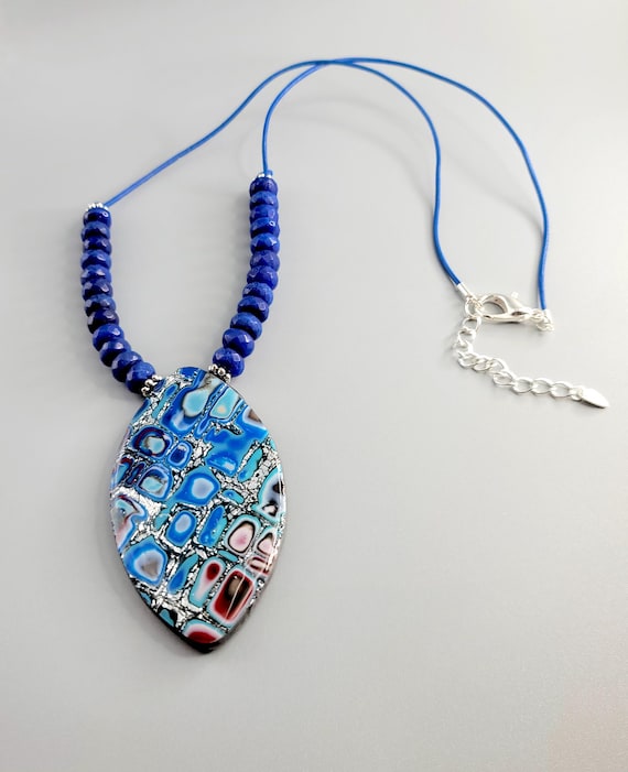 Polymer Clay Pendant Necklace: Mokume Gane, Leather Cord, Jade Gemstones