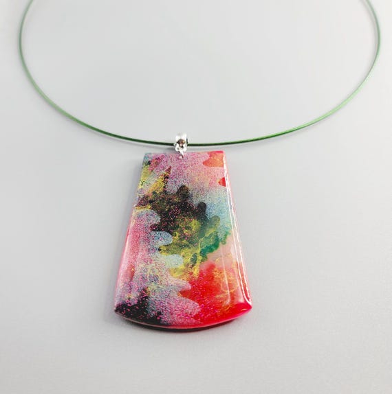 Alcohol Ink Polymer Clay Pendant Necklace: Stainless steel necklace cord
