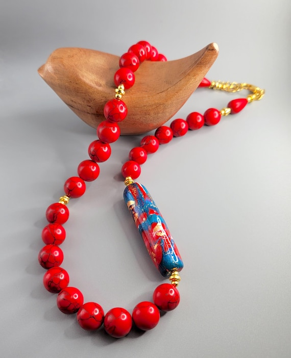Red Turquoise Beaded Necklace: Polymer Clay Focal Bead
