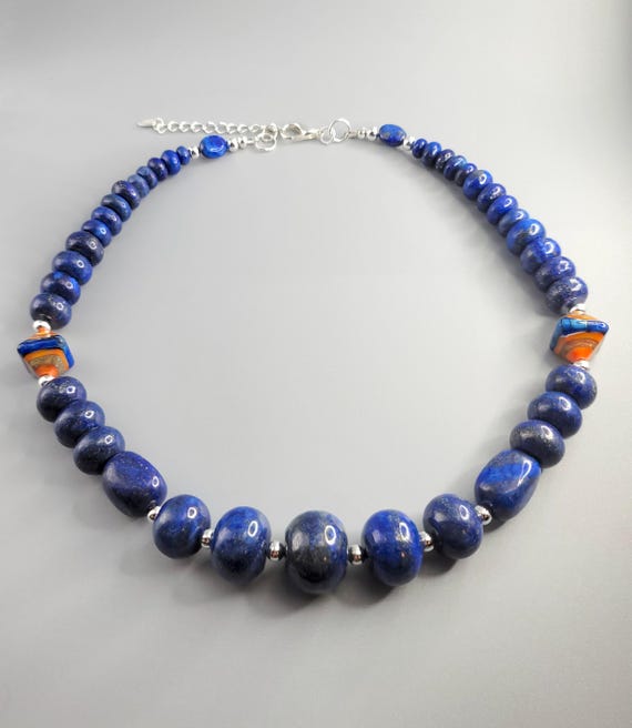 Lapis Lazuli Beaded Necklace: Lampwork Focal Bead
