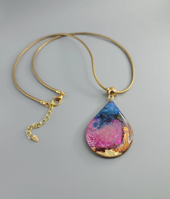 Handmade Polymer Clay Pendant Necklace: Gold Leather Cord