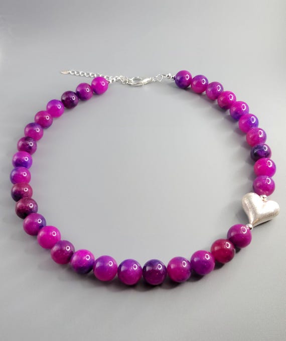 Jade Colored Sugilite Purple Round Beads: Heart brushed Focal Bead