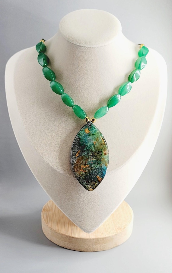 Alcohol Ink Polymer Clay Pendant Necklace: Green Leather Cord