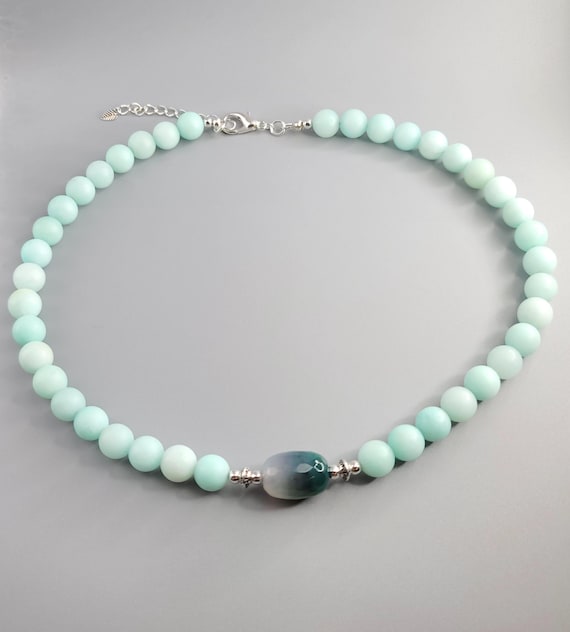 Blue Frosted Amazonite Necklace: Agate Focal Bead