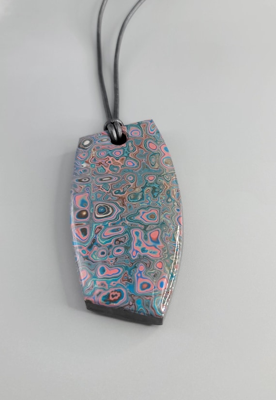 Polymer Clay Pendant Necklace: Mokume Gane, Leather Cord