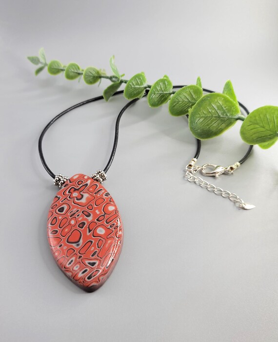 Polymer Clay Pendant Necklace: Mokume Gane, Leather Cord