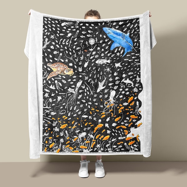 Coral Reef Fleece Blanket: Hand-Drawn Shark & Turtle Ocean Scene