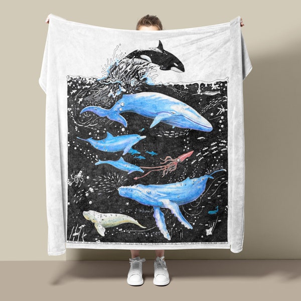 Whales and Dolphins Fleece Blanket: Hand-Drawn Ocean Life Throw