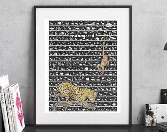 Impresión artística de animales en peligro de extinción, póster de leopardo y mono, arte de conservación de la vida silvestre, regalo para amantes de los animales, decoración de pared natural, obra de arte dibujada a mano