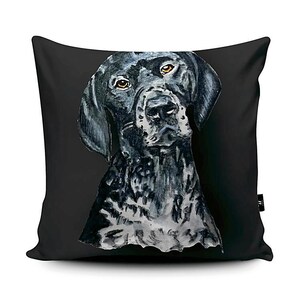 May include: A black and white illustration of a German Shorthaired Pointer dog on a black background. The dog has a serious expression and is looking directly at the viewer.