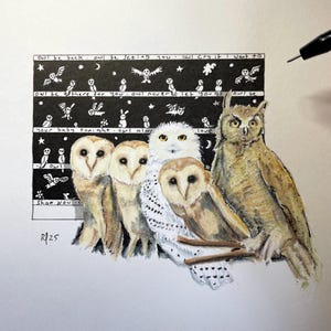 Original Owl Artwork, owl family drawing, tiny owl illustration, hand-drawn owl art, small scale owl art, bird lover gift, owl wall decor