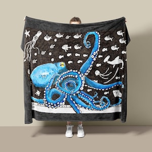 Blue Octopus Blanket, ocean life throw, octopus fleece, marine life decor, sea creature blanket, nautical theme blanket, cosy ocean throw