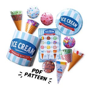 Puede incluir: Una colección de artículos de helado de papel que incluye conos, bolas circulares y una tarjeta de pedido rectangular con el texto ICE CREAM PREMIUM QUALITY. El conjunto presenta varios patrones y el texto PDF PATTERN en la parte inferior.