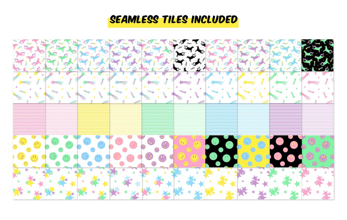 Printable Seamless Patterns - Unicorn Pack - Stripes - Stars - Digital ...