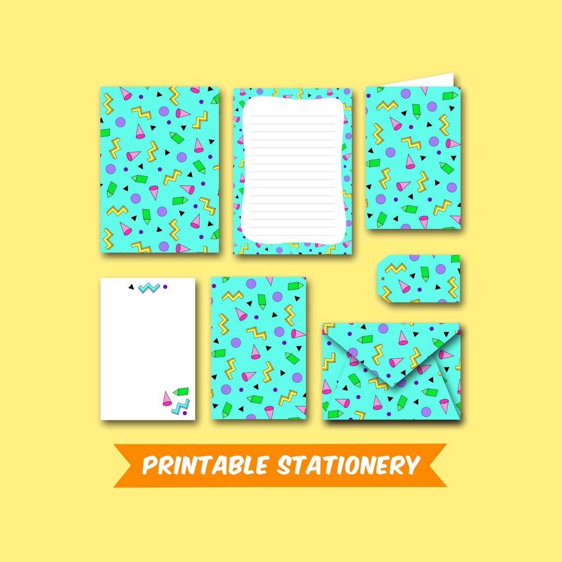 Printable Digital Paper Stationery Set - 90s Shapes - Notes / Card ...