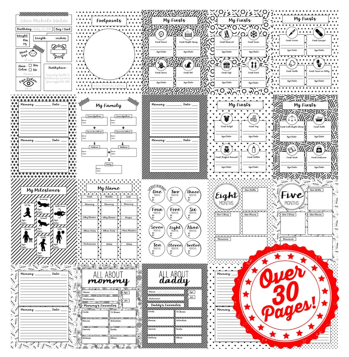 Printable Baby Book Black and White Shapes Baby's First Year Etsy