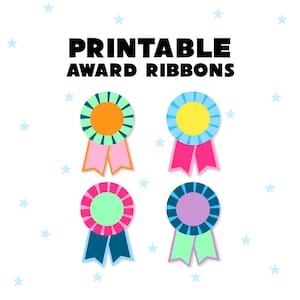 May include: Printable award ribbons with four different designs. Each ribbon has a colorful circle with a different color center and a blue and white striped border. The ribbons are pink, blue, green, and purple.