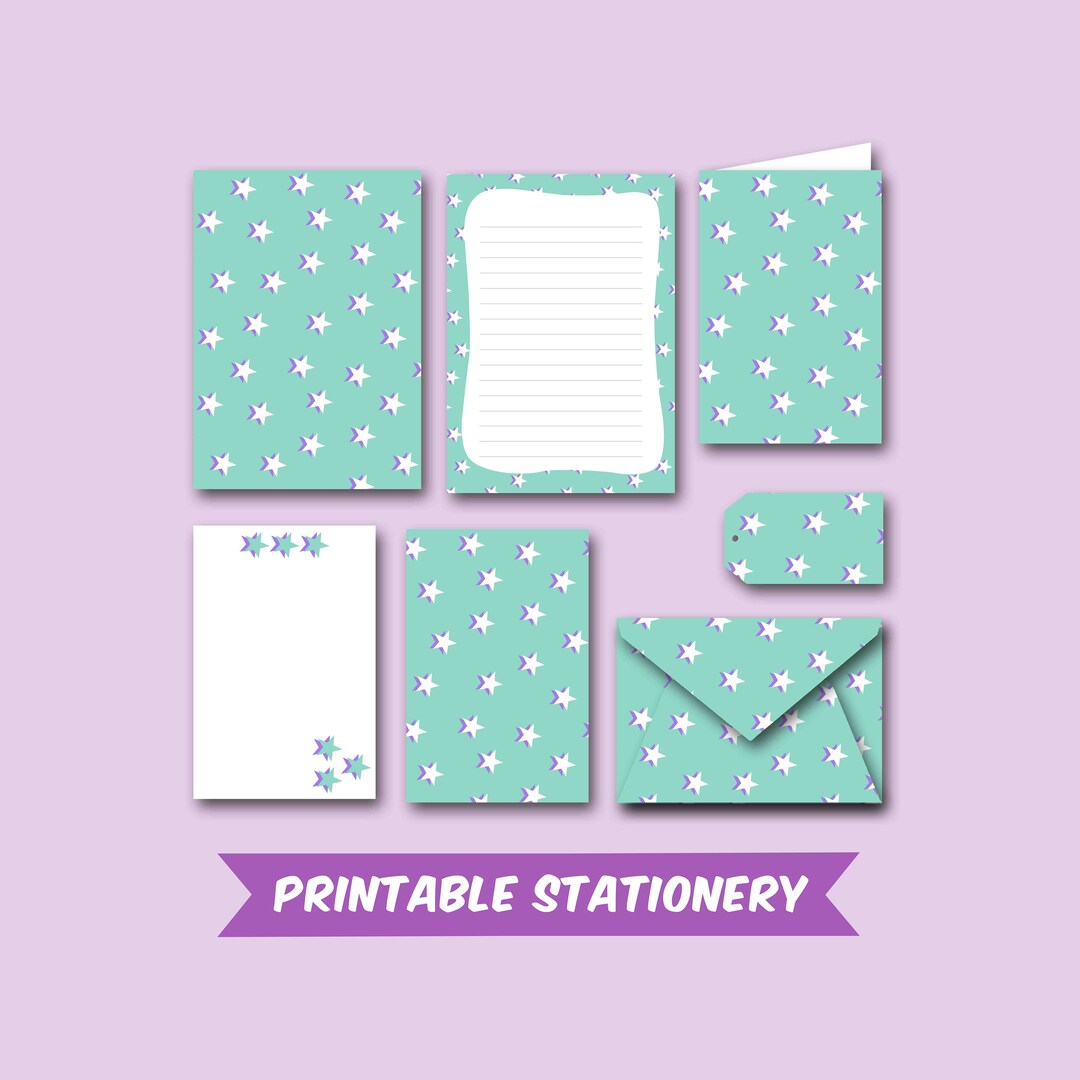 Printable Digital Paper Stationery Set Retro Stars Blue Etsy