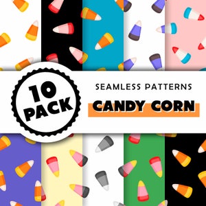 Puede incluir: Un conjunto de 10 patrones sin costuras con maíz dulce en varios colores y arreglos. Los patrones son perfectos para crear manualidades, decoraciones y diseños festivos de Halloween.