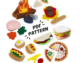 Food Set 10 Pack Restaurant Grocery Store Bundle PDF Felt Pattern - Easy Play Food DIY Template & Instructions Hand Sewing Handmade Toys